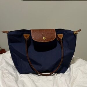 Longchamp Navy Blue Le Pilage Medium Tote Bag with Brown Trim